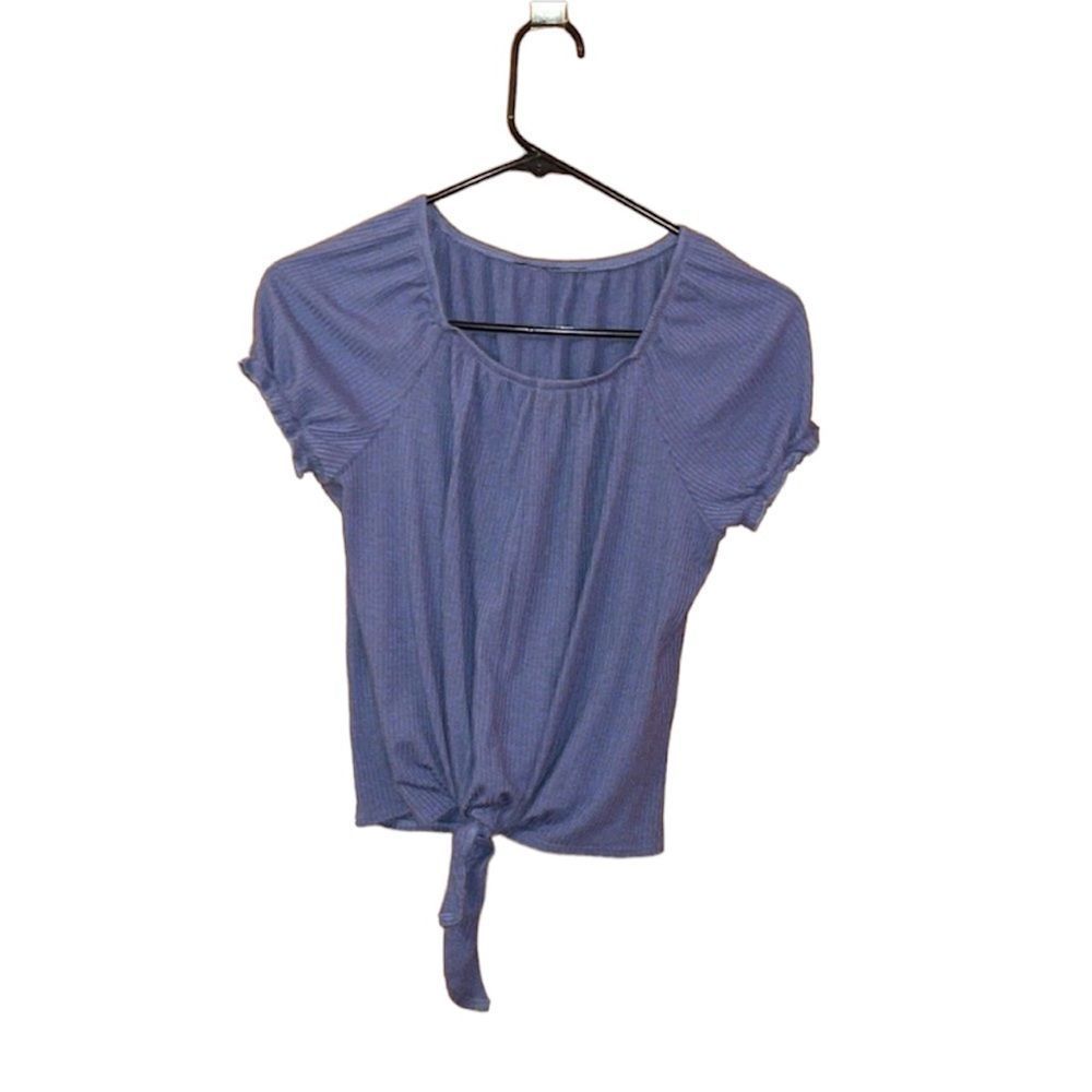 •A.BYER• little girls blue ribbed, ruffle, tie knot front blouse size 16(XL)